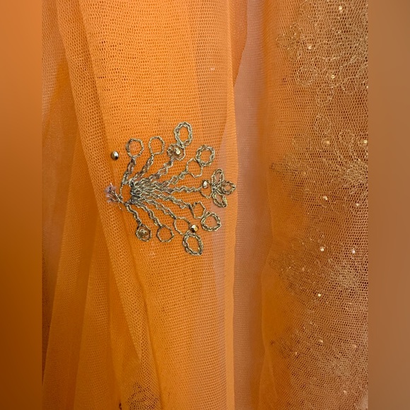 Orange and red net dupatta with gold thread-work and sequins - Picture 3 of 6